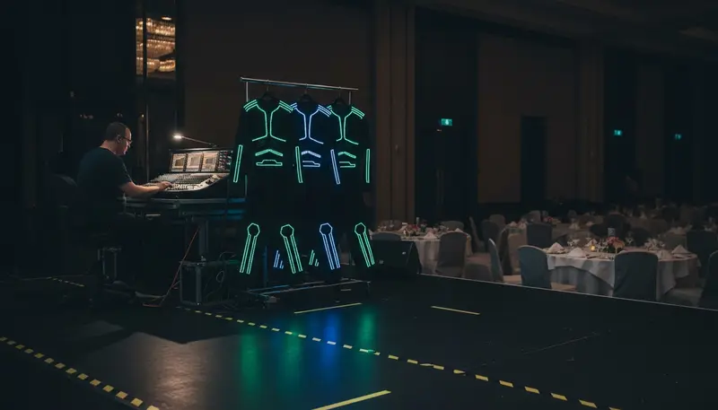 Empty event stage in Singapore being prepared for an LED dance show, with LED costumes laid out and the house lights dimmed