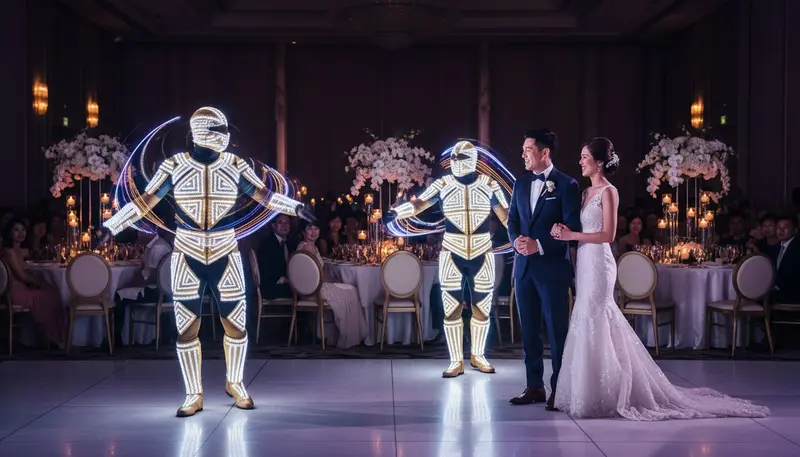 LED dancers performing at a wedding reception in Singapore while the bride and groom watch from the dance floor