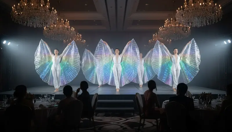 LED dancers with glowing light-up wings performing on stage in a dark hotel ballroom in Singapore