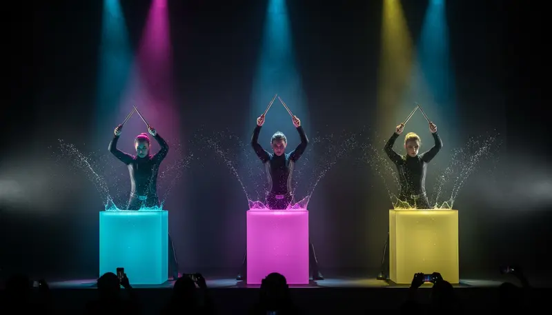 LED drummers playing illuminated drums that glow in different colours on a dark stage in Singapore