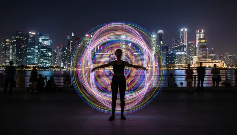 LED poi performer spinning glowing poi that leave circles of coloured light at a night event in Singapore
