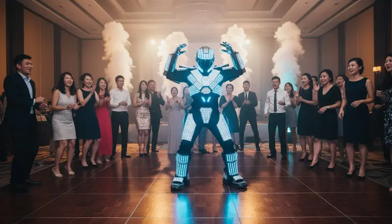 LED robot dancer in a tall glowing armour costume dancing with party guests at an event in Singapore