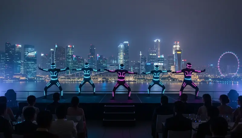 LED tron dancers performing on a rooftop stage at night with the Marina Bay skyline in Singapore behind them