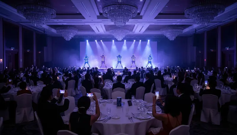 LED tron show on stage at a company dinner and dance in a Singapore hotel ballroom