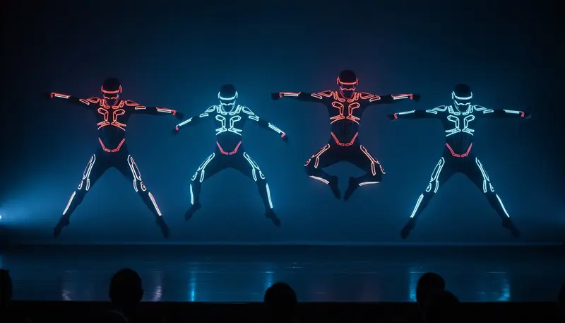 Tron dance show in Singapore with four dancers in glowing light-strip suits on a pitch-black stage